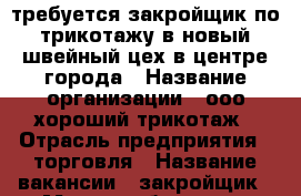 требуется закройщик по трикотажу в новый швейный цех в центре города › Название организации ­ ооо хороший трикотаж › Отрасль предприятия ­ торговля › Название вакансии ­ закройщик › Место работы ­ ул багаева › Подчинение ­ начальству › Возраст от ­ 18 › Возраст до ­ 65 - Ивановская обл., Иваново г. Работа » Вакансии   . Ивановская обл.